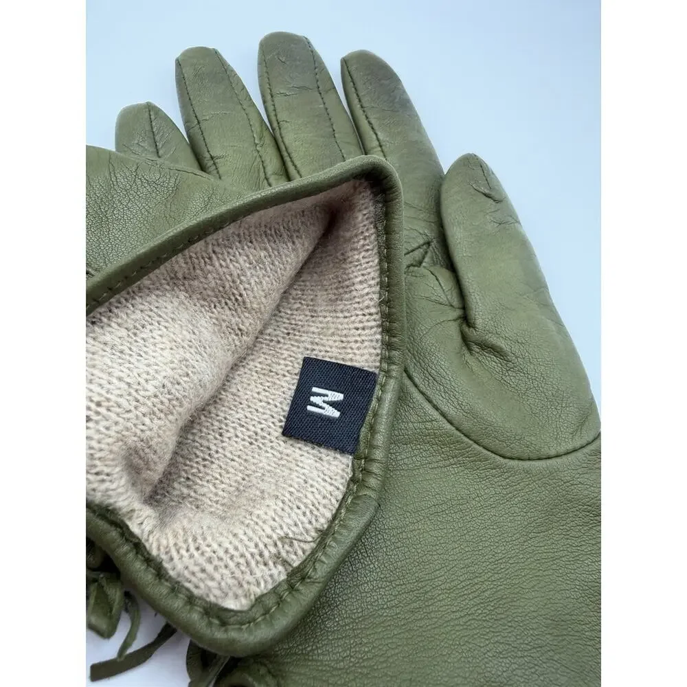 Olive Green Leather Gloves Side Stitching Detail Size Medium